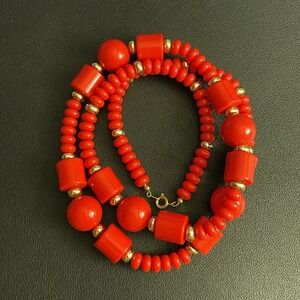 Vintage Acrylic Necklace Bead Classic Red Gold 30" Long
